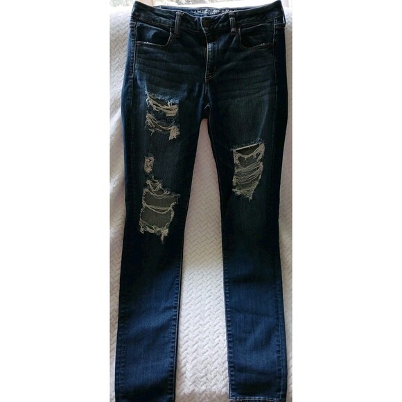 American Eagle Womens 10 L Super Stretch X Distressed jegging Jeans Dark Wash - Picture 1 of 16